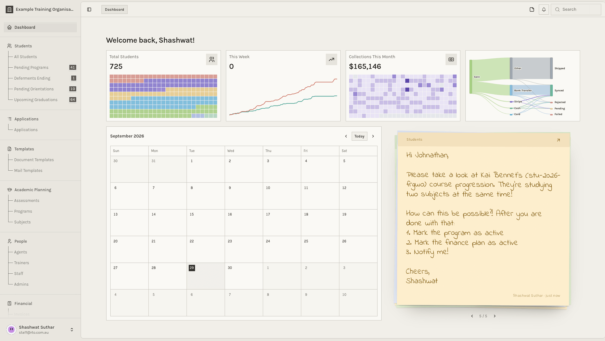 XPortal dashboard showing student summaries, a calendar, and a student follow-up note